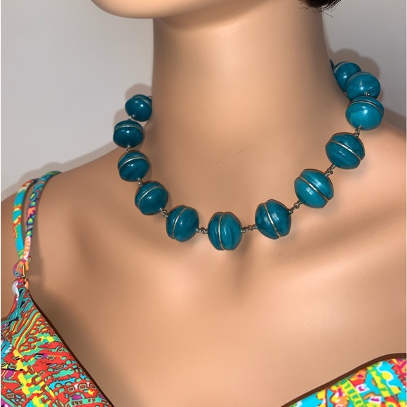 Beaded Teal and Silver Tone Necklace - Picture 2 of 5
